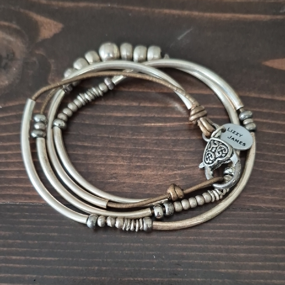 Lizzy James Adjustable Wrap Bracelet/Necklace – Silver-Tone & Leather Boho Chic